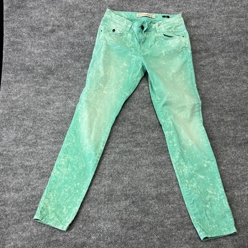 Zara TRF Premium Denim Wear Slim Splatter Jeans Size 8 Green washed